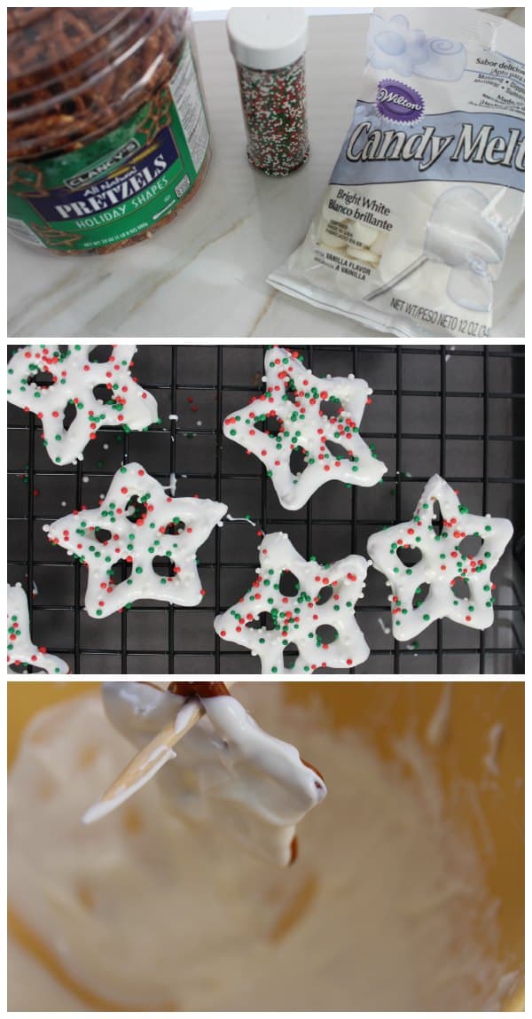 Place cooling rack over a piece of wax paper Heat white candy chips in small Bowl by microwaving for 30 seconds stirring and repeating until melted. Allow to cool for 2-3 minutes. Dip Pretzels in white chocolate to cover completely and place on cooling rack sprinkle with decorations. Repeat for remaining pretzels. Allow to set before placing in jar.