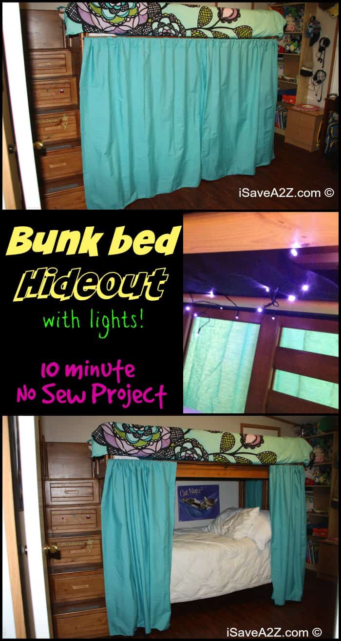 Bunk bed hideout made with no sew curtains and with lights