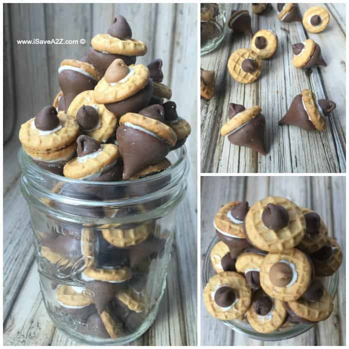 Cute Acorns made with Hershey's Kisses, Nutter Butter Cookies and Chocolate Chips
