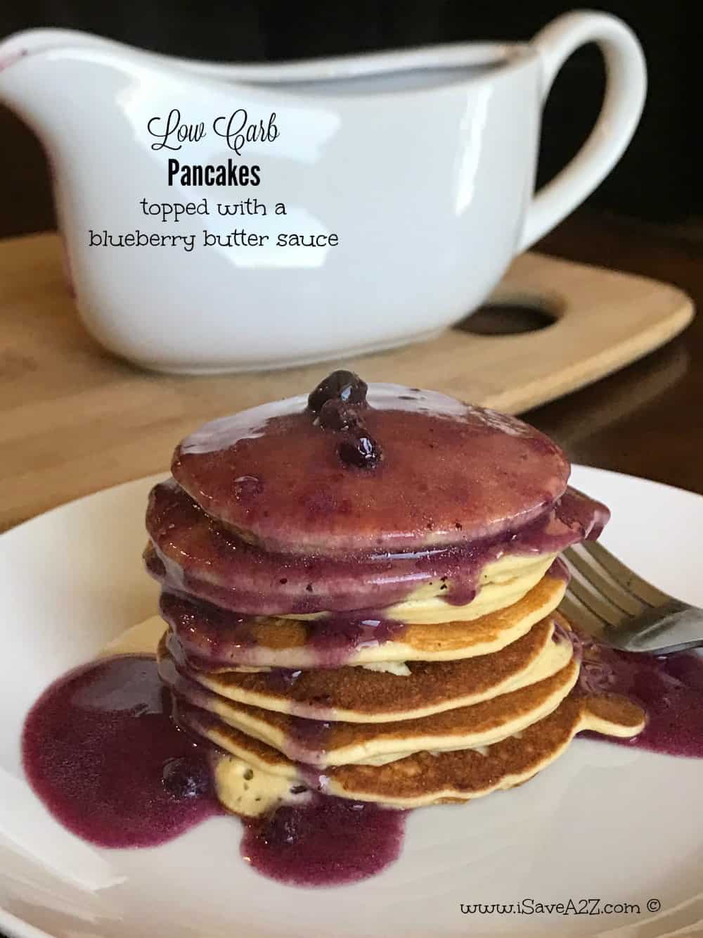 Low Carb Keto Friendly Pancakes topped with a blueberry butter sauce