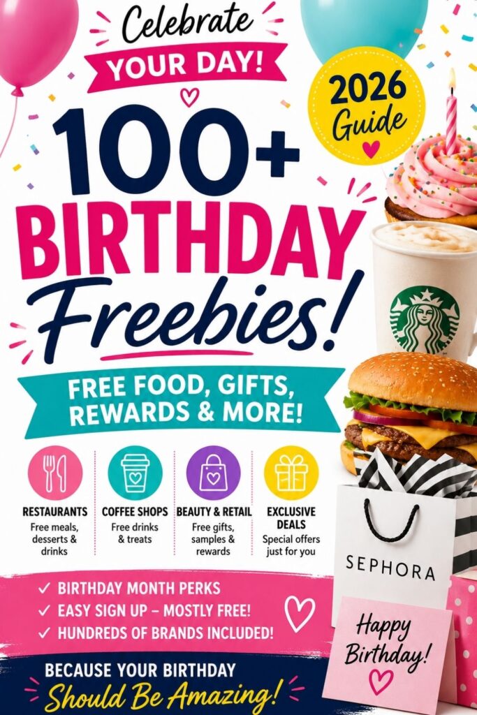 Pinterest graphic featuring 100+ birthday freebies for 2026 including free food, drinks, desserts, beauty gifts, shopping rewards, and birthday deals from popular restaurants and retailers.