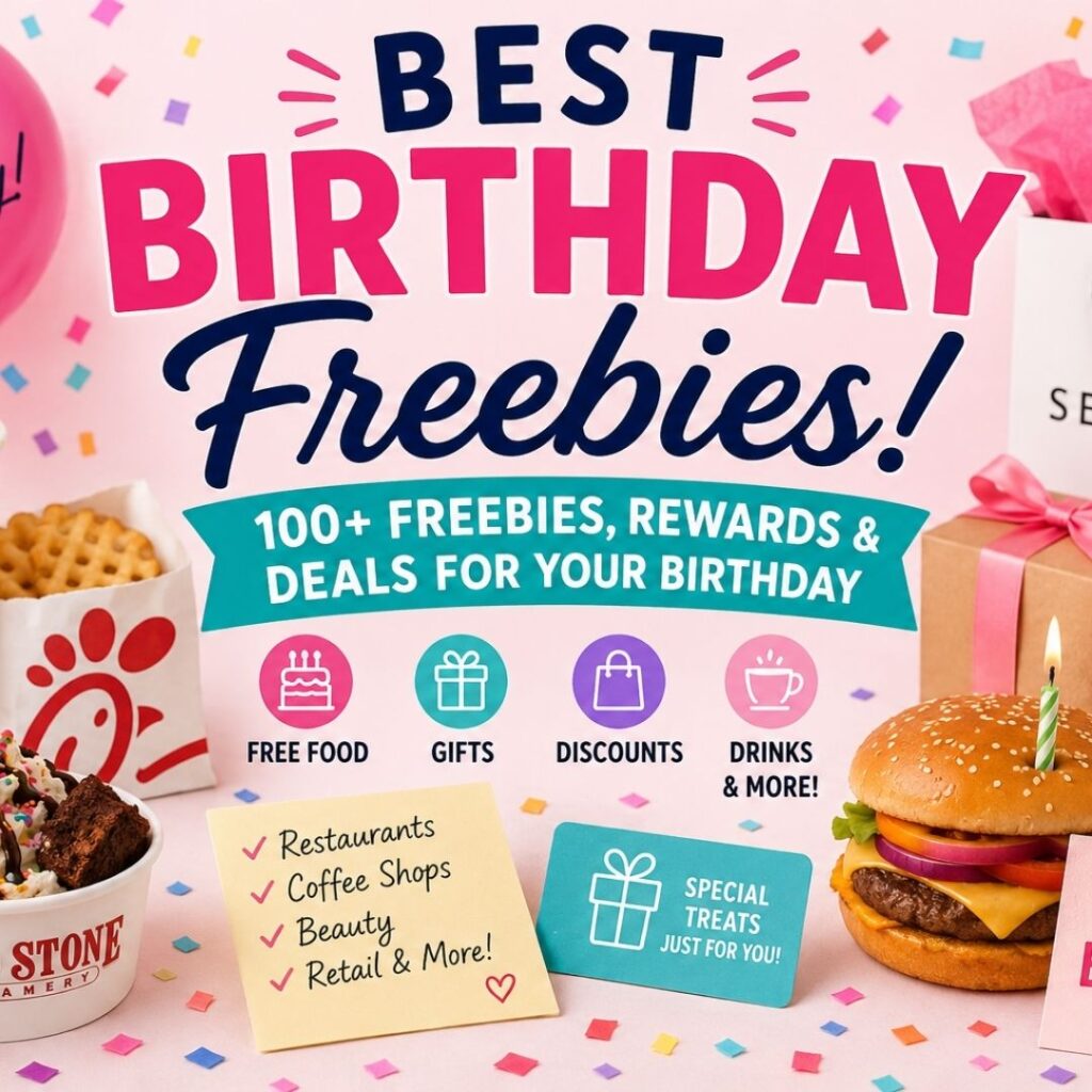 Colorful birthday freebies graphic showing free food, drinks, gifts, discounts, and rewards including birthday treats, restaurant rewards, beauty gifts, and shopping perks available throughout your birthday month.
