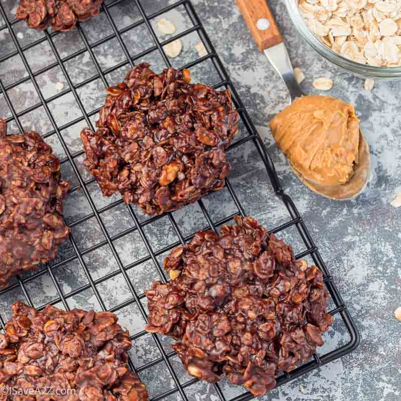 Flourless no bake peanut butter and oatmeal chocolate cookies on a cooling rack, top view, square format