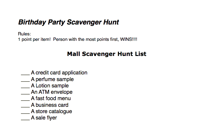 Teen Birthday Party Idea:  Mall Scavenger Hunt