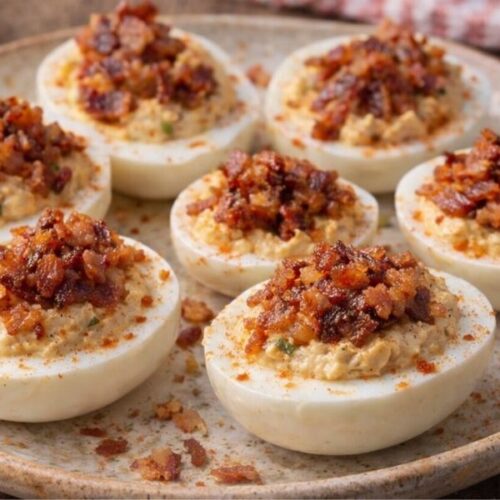 deviled eggs topped with crispy bacon and paprika on a plate