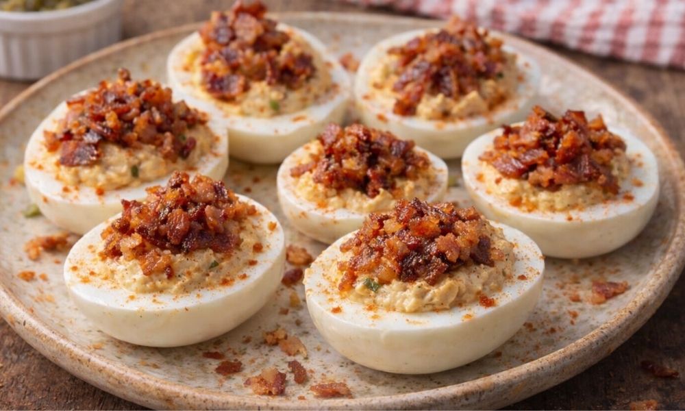 deviled eggs topped with crispy bacon and paprika on a plate