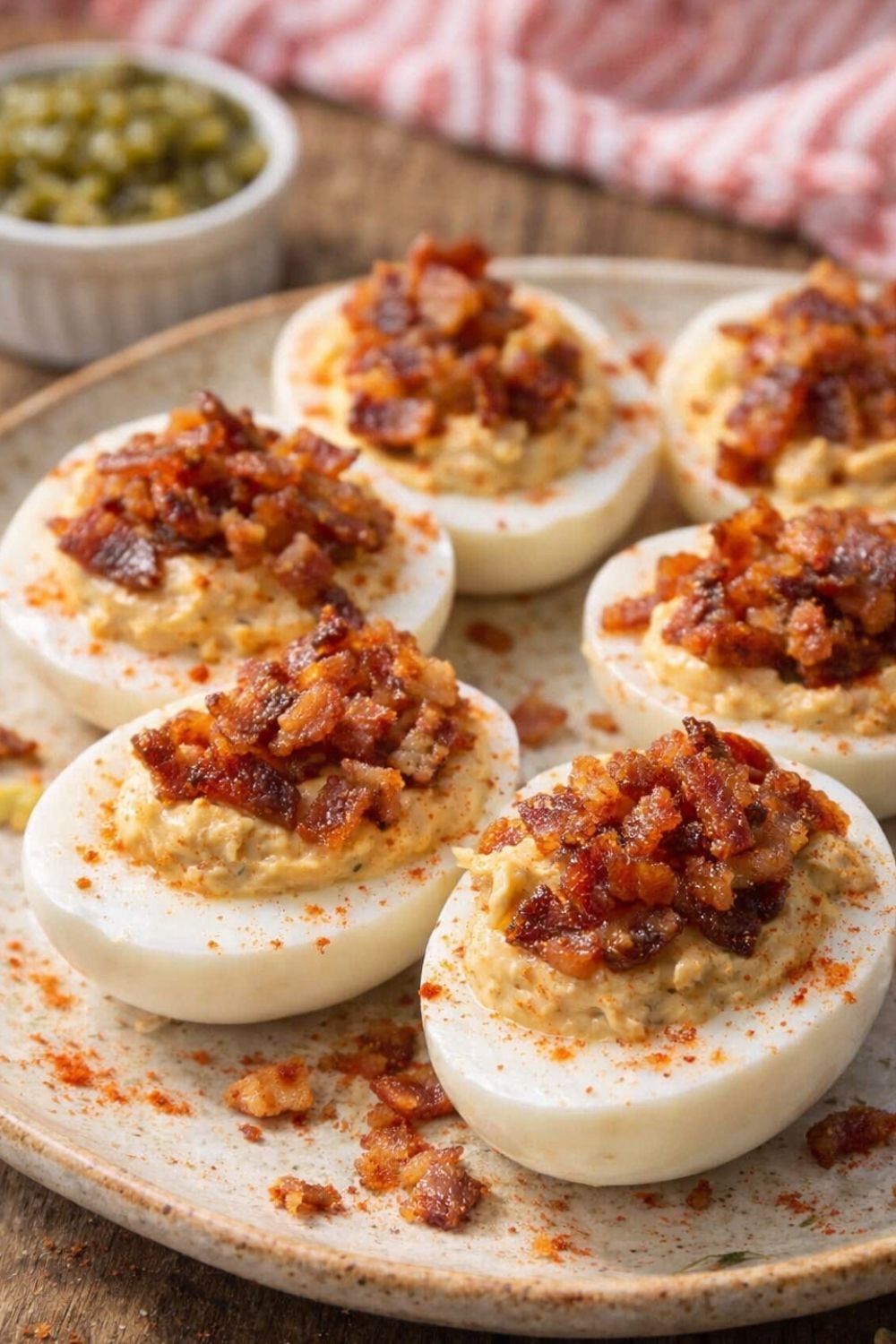 close up of deviled eggs with crispy bacon topping and paprika seasoning