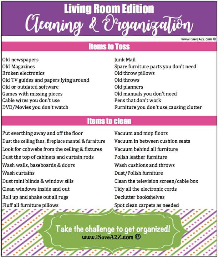 Living Room Cleaning and Organization checklist
