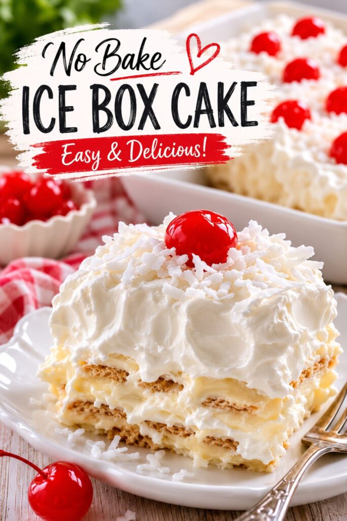 Pinterest-style graphic featuring a creamy no bake ice box cake topped with whipped cream, shredded coconut, and a bright red cherry. Text overlay reads "No Bake Ice Box Cake – Easy & Delicious" with a close-up view of the dessert and baking dish in the background.