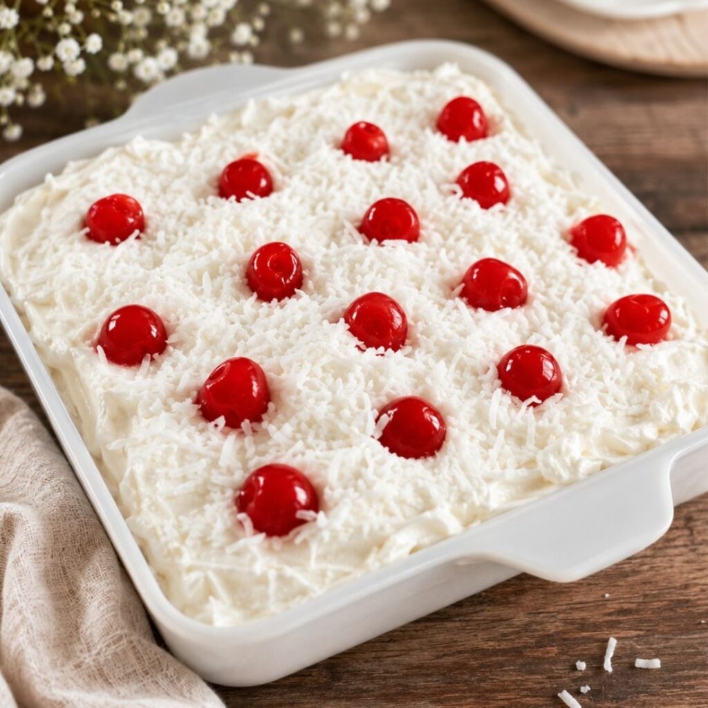 Creamy no bake ice box cake in a white baking dish topped with shredded coconut and maraschino cherries. The easy layered dessert is displayed on a rustic wooden table with a soft neutral cloth and decorative flowers in the background.