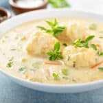 Chicken dumplings soup with cream and thyme