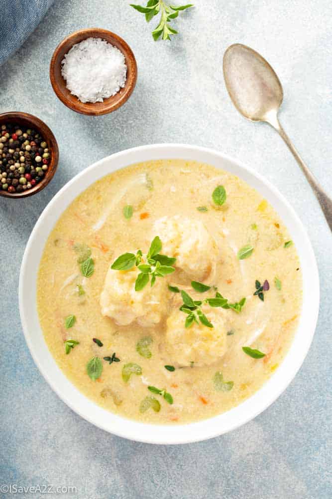 Chicken dumplings soup with cream and thyme