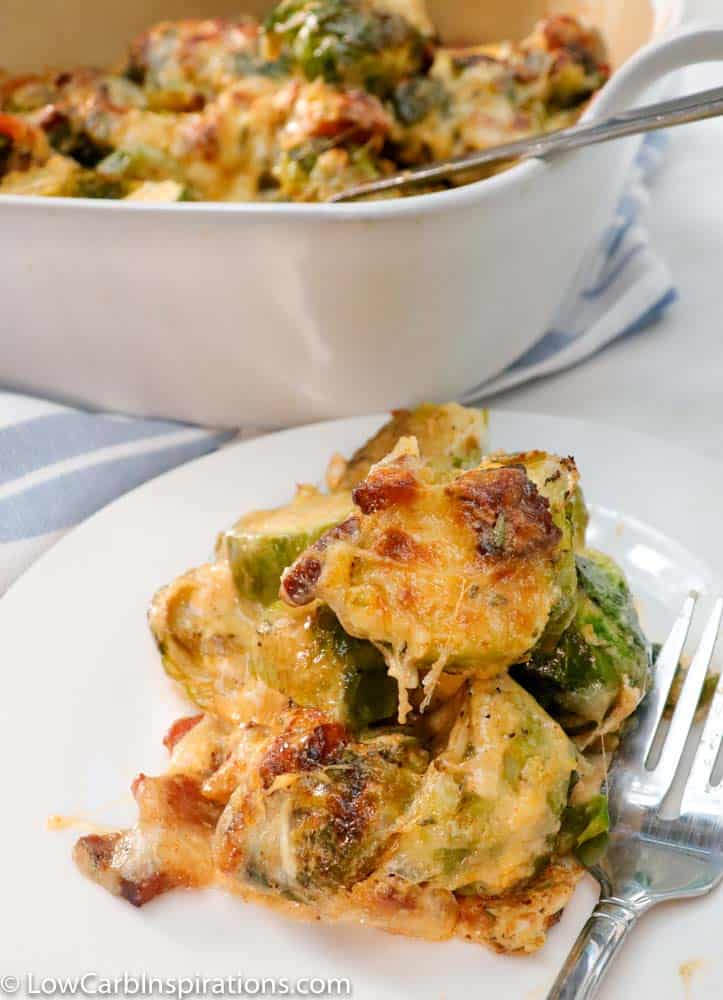 This one skillet casserole is the perfect side dish for the keto/low carb diet. This Baked Brussel Sprouts Casserole is the perfect blend of creamy and savory all rolled into one amazing recipe.