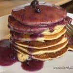 Low Carb Keto Friendly Pancakes topped with a blueberry butter sauce