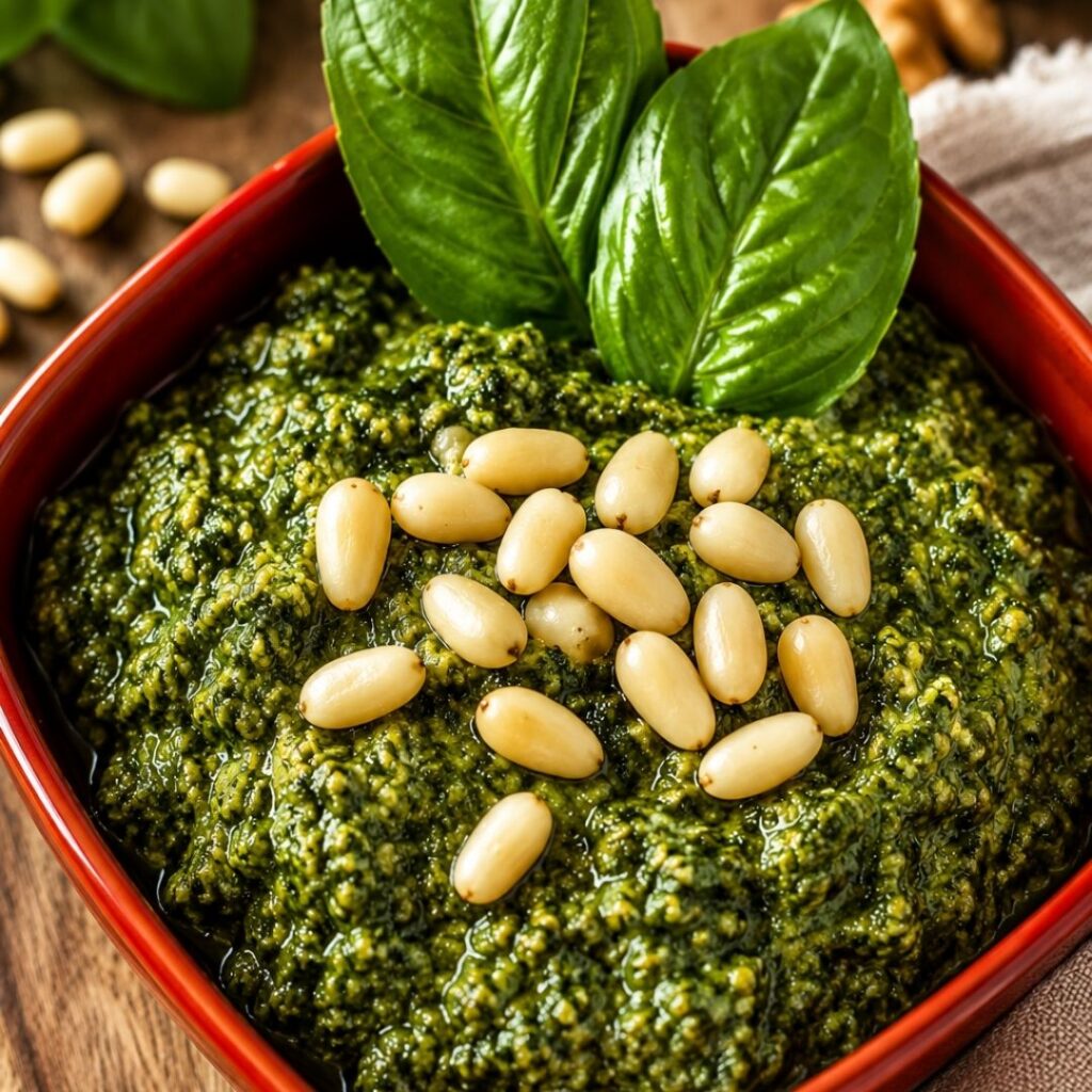 Homemade Walnut Basil Pesto recipe #STAROliveOil #shop #cbias Homemade walnut basil pesto in a red bowl topped with pine nuts and fresh basil leaves, ready to serve as a flavorful pasta sauce or spread.