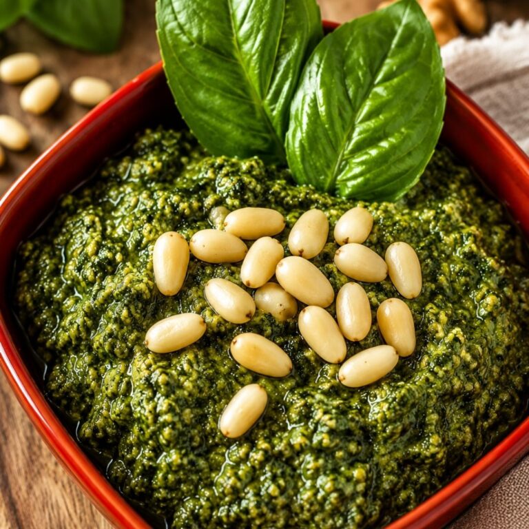 Homemade walnut basil pesto in a red bowl topped with pine nuts and fresh basil leaves, ready to serve as a flavorful pasta sauce or spread.