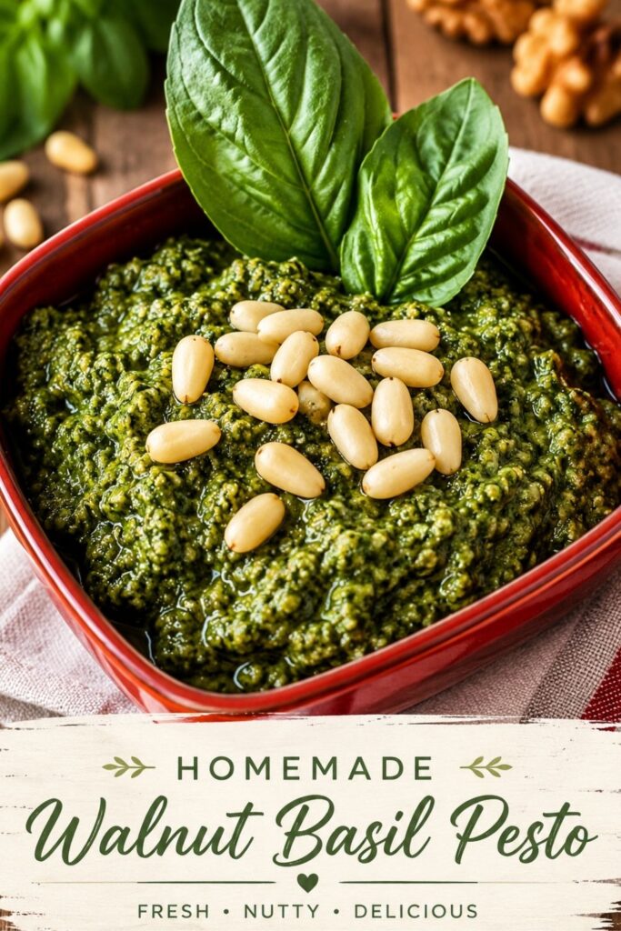 Creamy walnut basil pesto recipe served in a red bowl and garnished with fresh basil leaves and pine nuts.