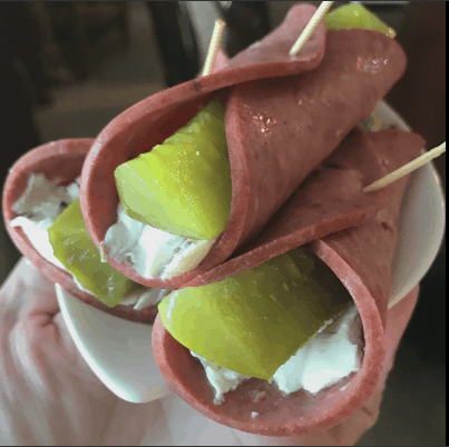 Keto Snack idea with pickles cream cheese and salomi