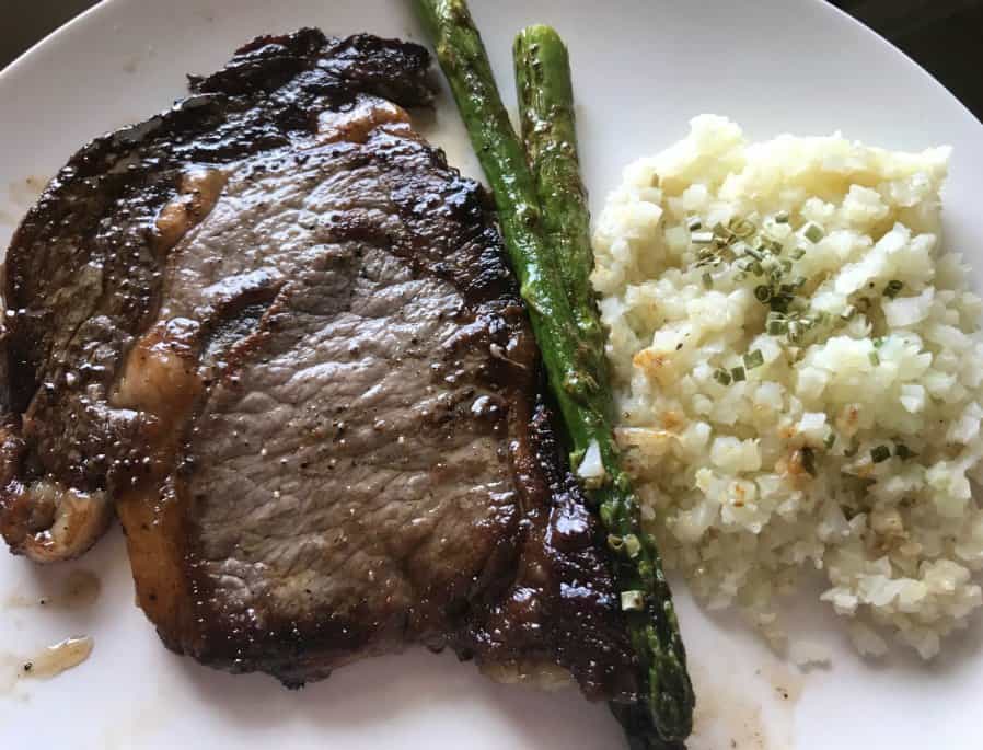 Keto Friendly Quick Dinner Idea: Ribeye Steak, Riced Cauliflower & Asparagus