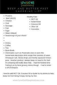 Beef and Butter Fast Shopping list
