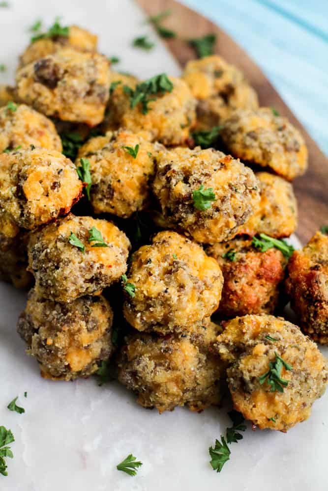 Keto Sausage Balls on a marble tray