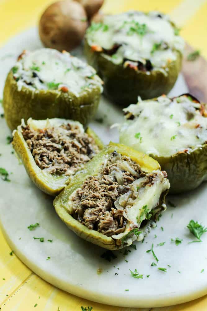 Philly cheese steak stuffed pepper cut in half