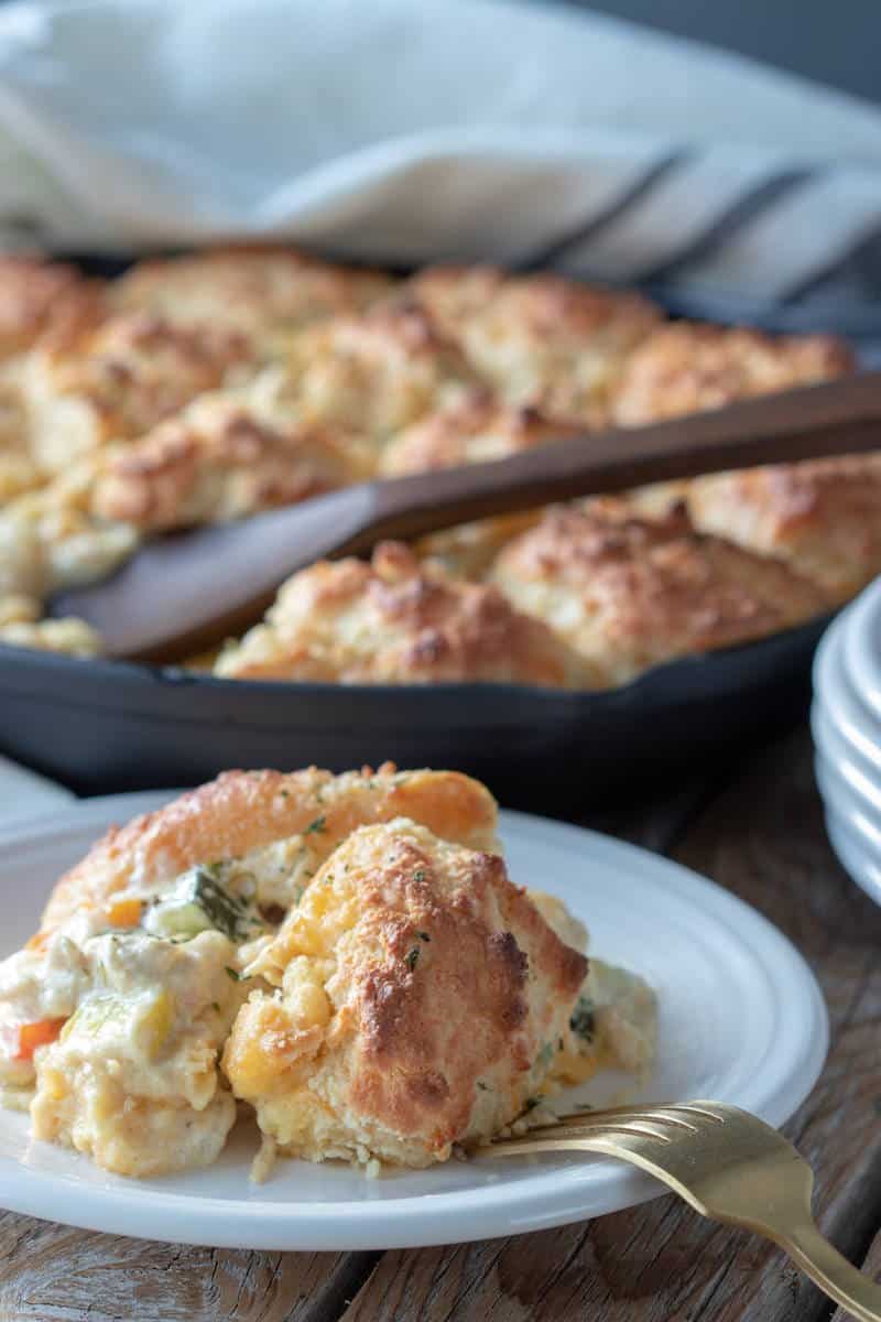 Keto Chicken Pot Pie recipe made with keto biscuits