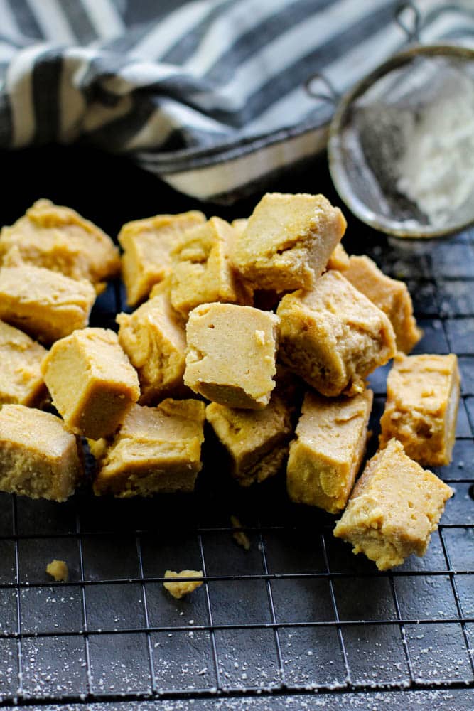 Keto Peanut Butter Fudge Recipe on a black background