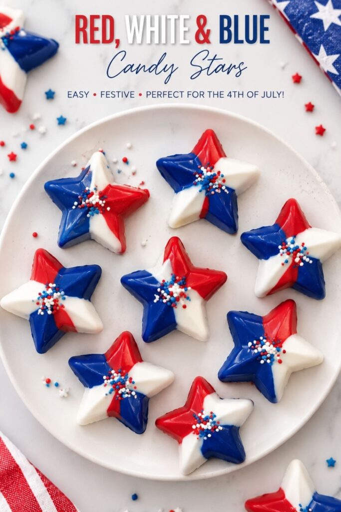 Easy red, white, and blue candy star treats made with candy melts and patriotic sprinkles, perfect for 4th of July parties and summer celebrations