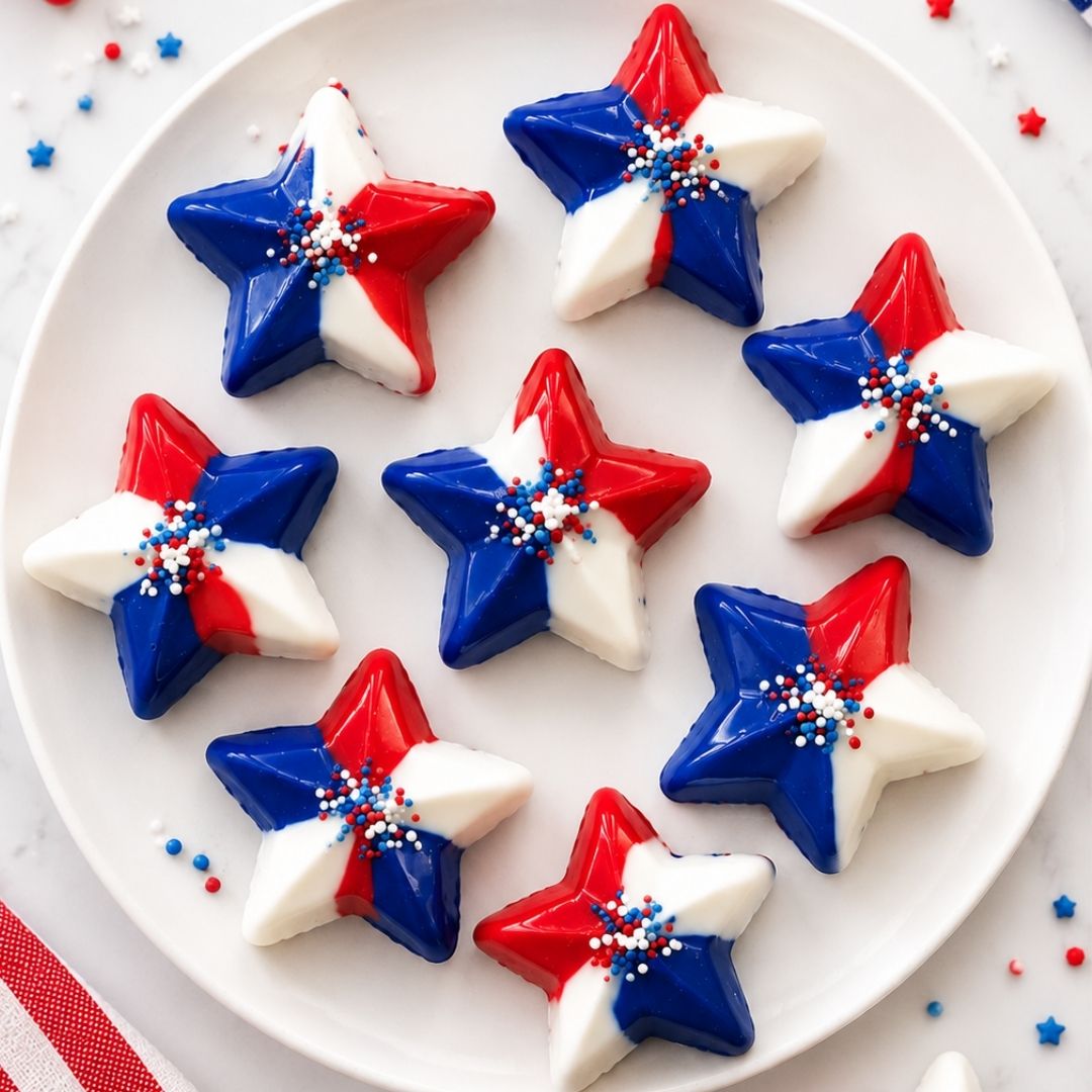 Red, white, and blue candy stars topped with patriotic sprinkles arranged on a white plate for a festive 4th of July dessert