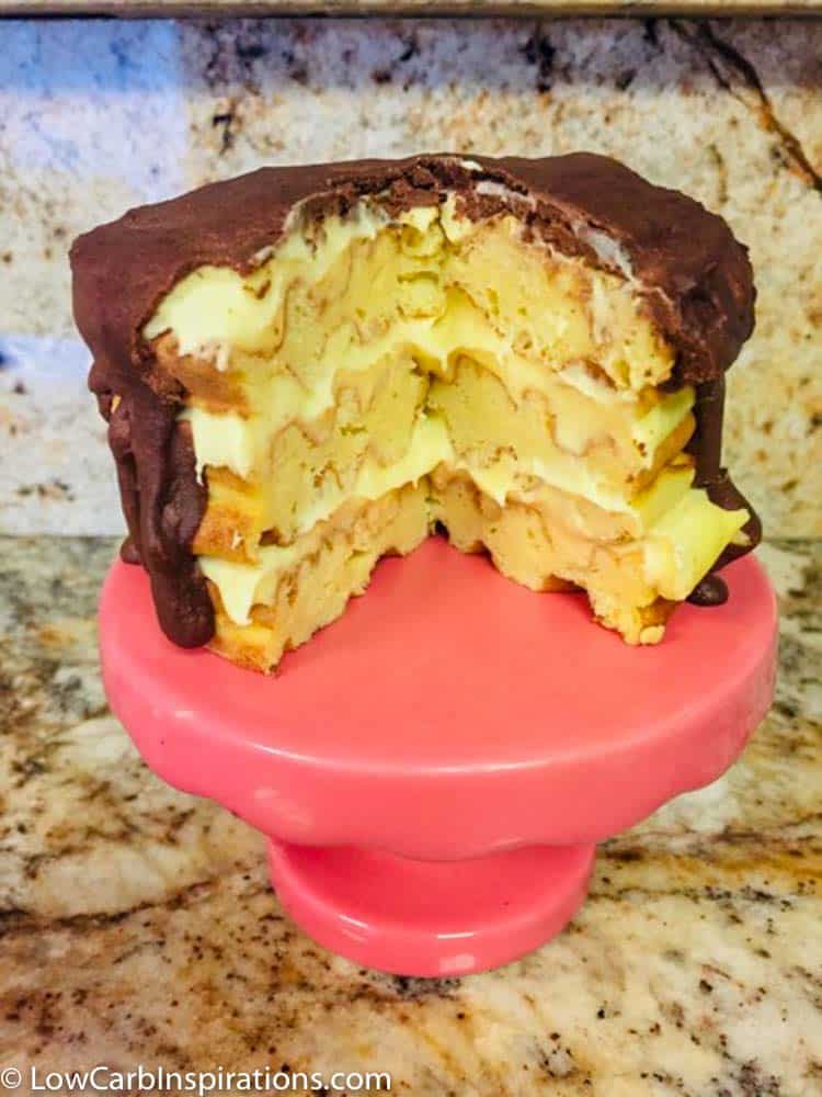Keto Boston Cream Pie Chaffle Cake Recipe on a pink mini cupcake stand