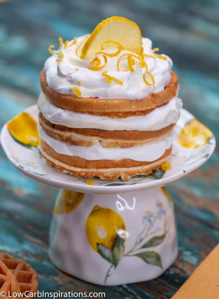 Keto Lemon Chaffle Recipe on a teacup mini cake plate stand