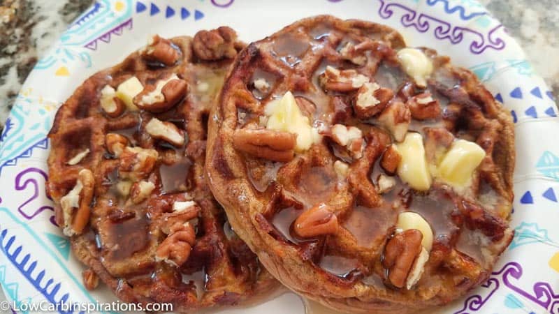 Pumpkin Chaffle Recipe with sugar free syrup and pecans