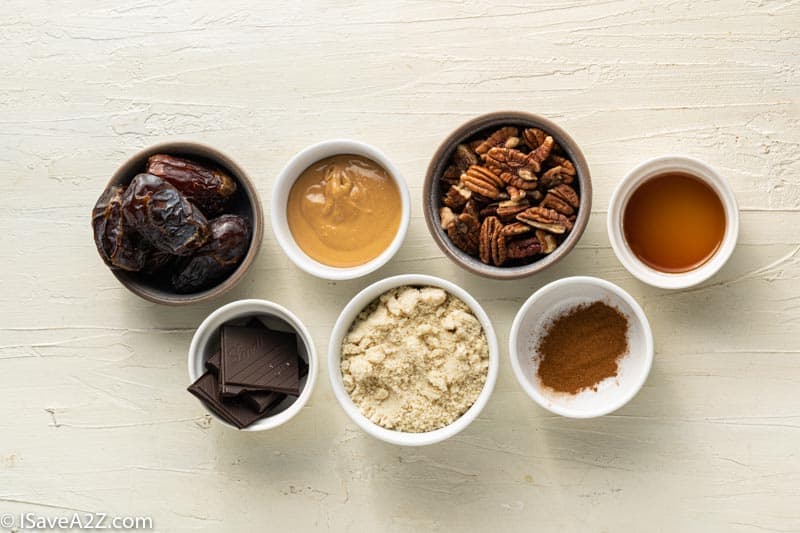 overhead photo of pecan pie truffles ingredients in white bowls